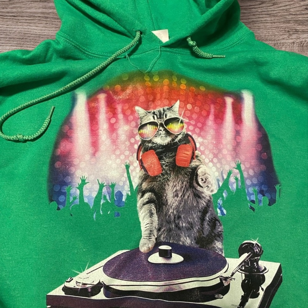 DJ Party Cat Green Hooded Sweatshirt - Funny Clothing, Rave, Vinyl Record - Sz L